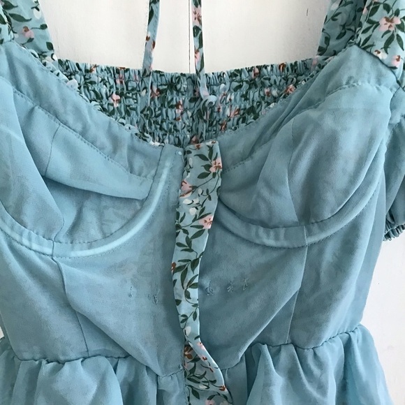 Astr The Label Clairmont Blue Floral Puff Sleeve corset milkmaid coquette top xs - Picture 9 of 13